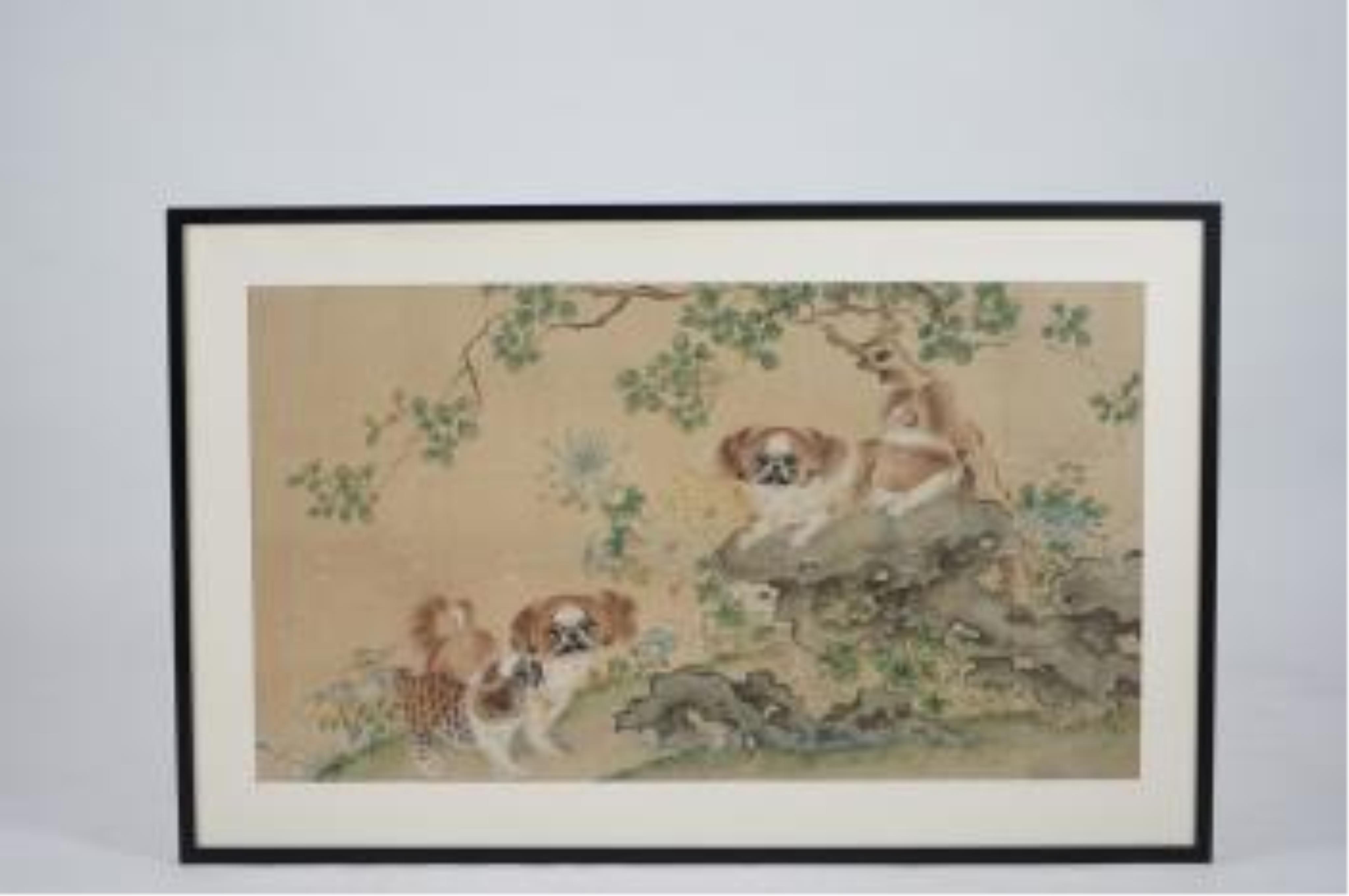 Late 19th/early 20th century, Chinese school, ink and colour on paper, Chi dogs in a rockwork garden, unsigned, 59 x 105cm. Condition - poor